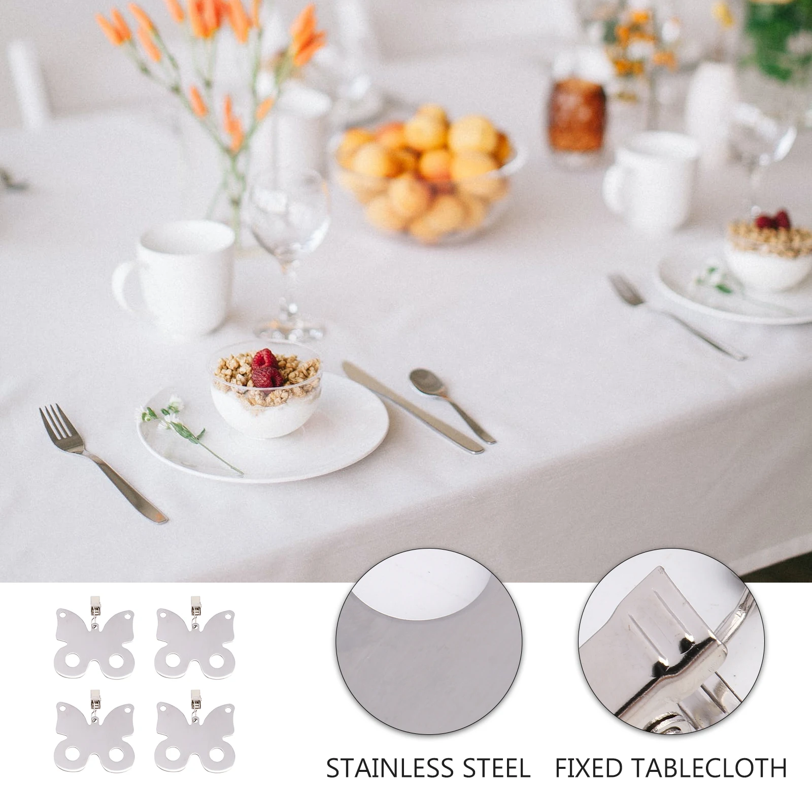 

4Pcs StainlessSteel TableclothClips Windproof Holders for Picnic Camping Restaurant Weddings Parties Buffets Dinners