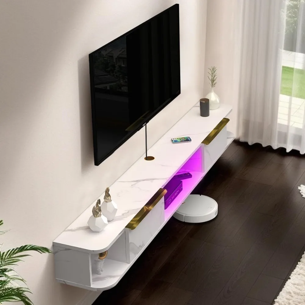 

Floating TV Stand with LED Lights, 63'' Wall Mounted TV Cabinet with 2 Doors and 3 Cabinets, Modern Entertainment Media Console