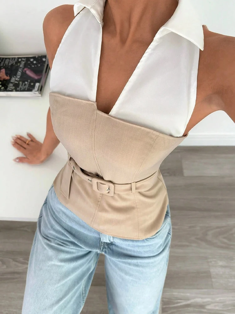 

Женская элегантная блузка без рукавов с цветными вставками и поясом, приталенного кроя, для офиса, делового стиля, повседневной носки, летняя, уличная мода