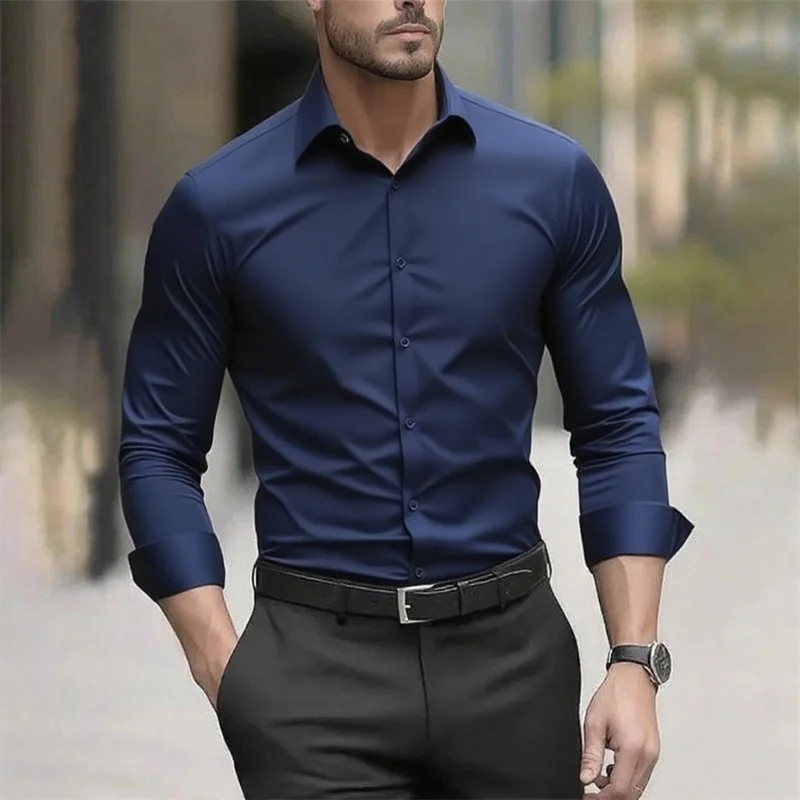 Effen herenoverhemd, casual wit overhemd, hoogwaardige effen kleur stretchstof met lange mouwen, zakelijk formeel overhemd, XS-6XL