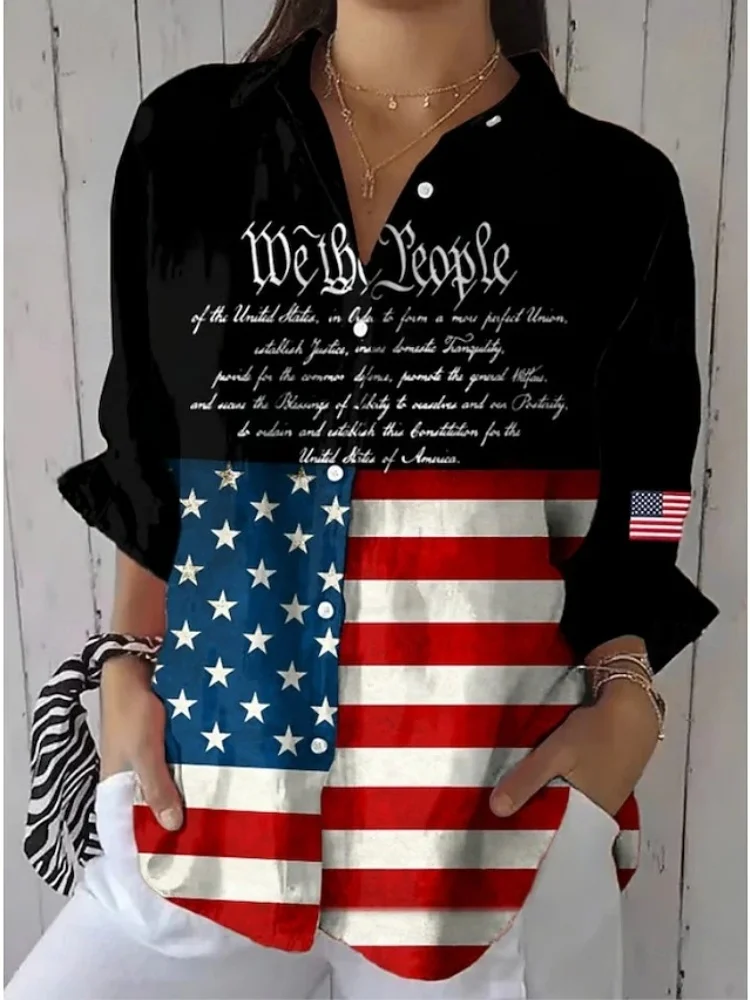 라펠 칼라가 있는 여성용 편안한 셔츠 3D 미국 국기 프린트 루즈핏 통기성 긴팔 셔츠 캐주얼 스트리트웨어 탑
