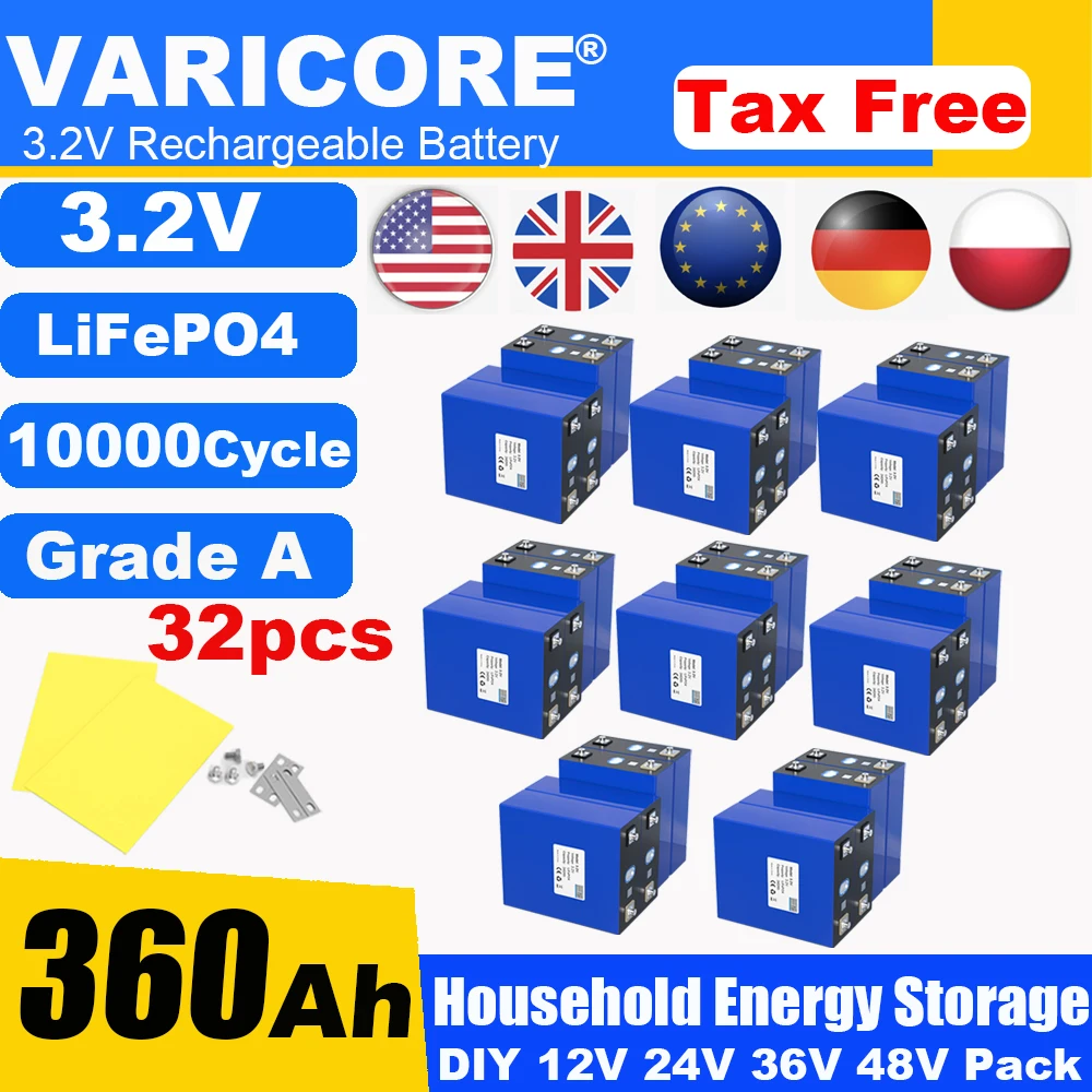 

32pcs 3.2V 360Ah LiFePO4 Rechargeable Battery Lithium Iron Phosphate for 12v 24v Travel Solar Campers Golf Cart Yacht Tax Free