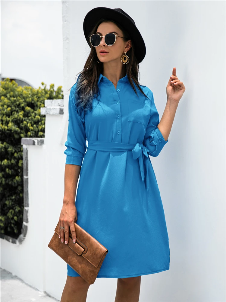 Women Fall Winter 2022 New Solid Color Button Lapel Sleeve Shirt Dress For  Ladies Trun Down Collar Lace Up Dresses For Fashion