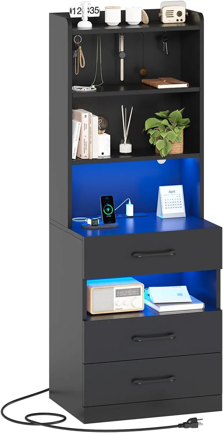 Tall Nightstand with Charging Station and LED Lights, Night Stand with 3 Drawers and Storage Shelves, Bedside Table