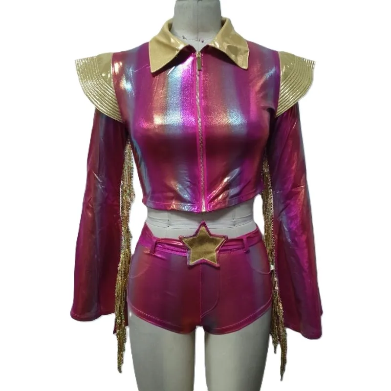 Women Holographic Iridescent Stage Performance Outfit, Gold Epaulet Fringe Flare Sleeve Cropped Top & Star Decor Shorts 2Pcs Set