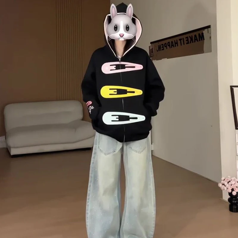 Autumn and Winter Sweet Cute Three-Dimensional Decoration Big Hairpin Design Cardigan Zipper Hoodie Coat Ins Style