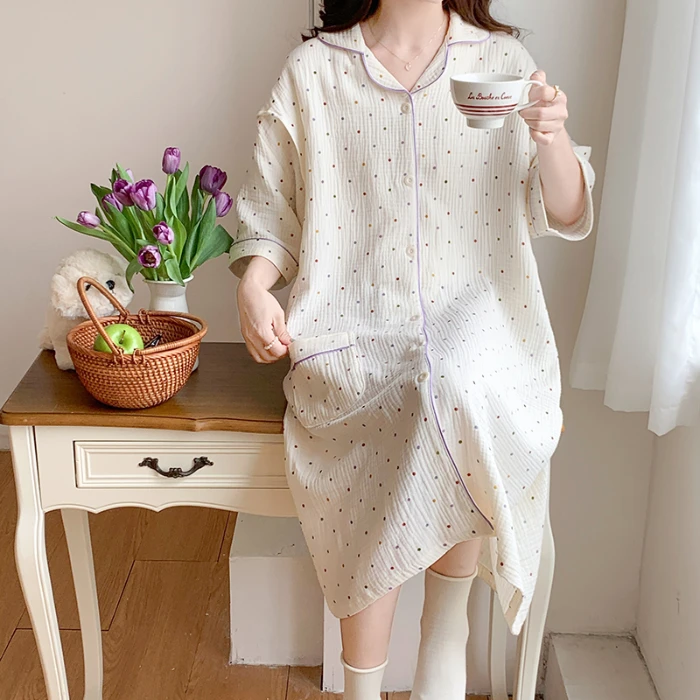 100% Cotton Double Gauze Nursing Night Dress for Maternity Sweet Loose Dot Printed Sleepwear for Pregnant Women Home Hospital