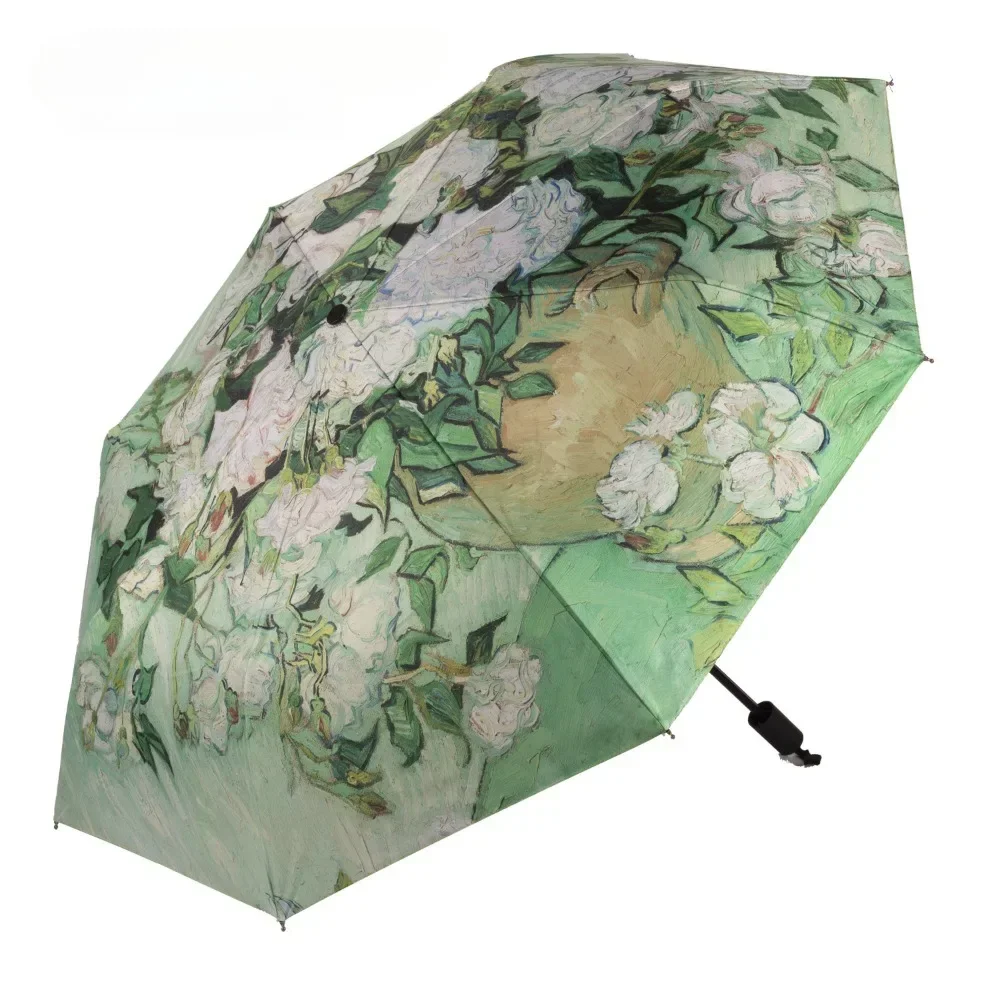 Van Gogh Oil Painting Foldable Umbrella Automatic Small Fresh Oil Painting Umbrella Save Space Wind Resistant Sun Mini Umbrella