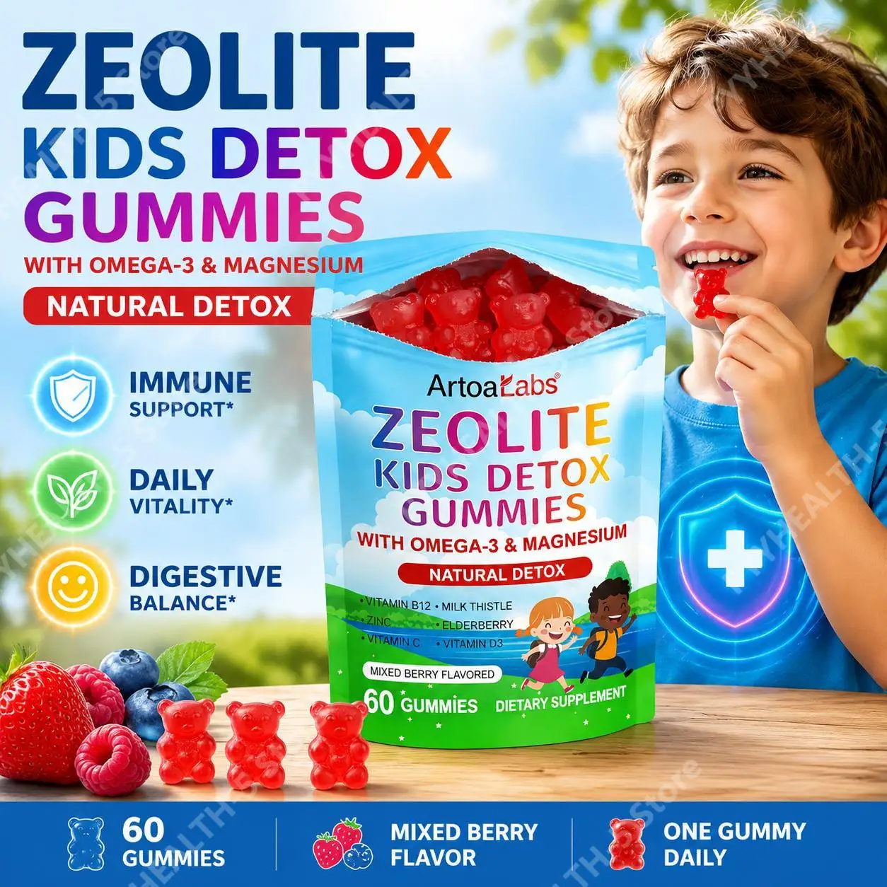 ArtoaLabs Zeolite Kids Gummies Supports Energy Metabolism with Omega-3, Magnesium, Vitamin D3 & Vitamin B12, 60 Gummies