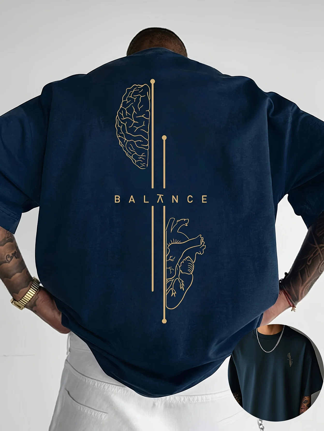 Gehirn- und Herz-Linienkunst Grafik Bedrucktes T-Shirt für Männer und Frauen, Baumwolle, Locker Geschnitten, Lässiges Kurzarm-T-Shirt, Herren-T-Shirts, Herrenbekleidung – Detail 10
