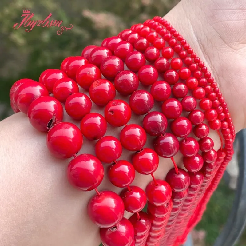 Free Shipping Natural Red Coral Smooth Round Stone Beads Loose For DIY Necklace Bracelets Jewelry Making Strand 35CM 2/3/4/6/8MM