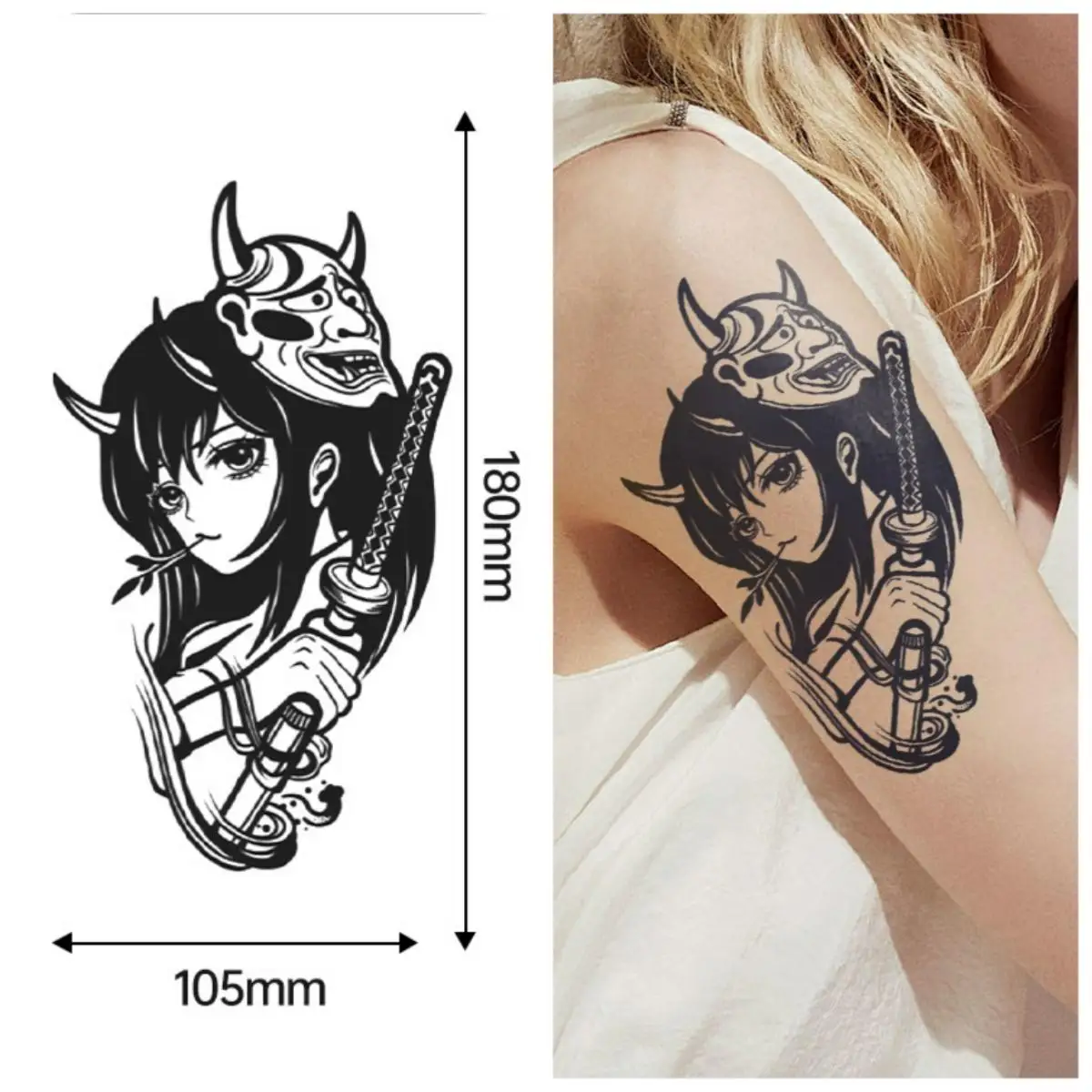 

Oni - Mask & Sword Maiden Temporary Tattoo Stickers,Fake Tattoo Waterproof,Long-Lasting 15 Days,Arm Body Art,Semi-Permanent