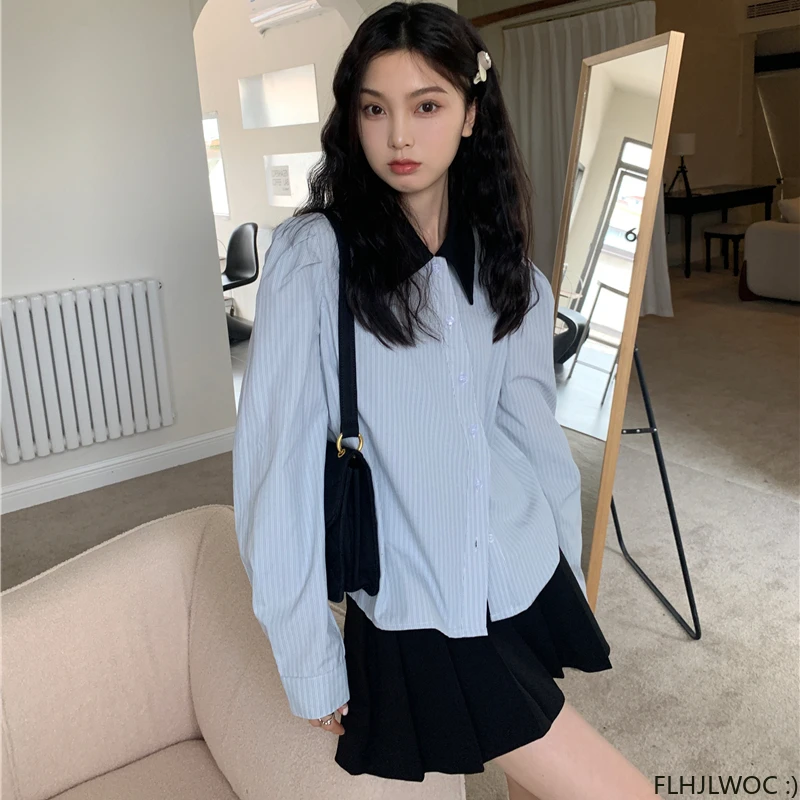 Peter Pan Kragen Tops Langarm Basic New Women Mode Chic Mode Korea Japan Preppy Style gestreifte Hemden