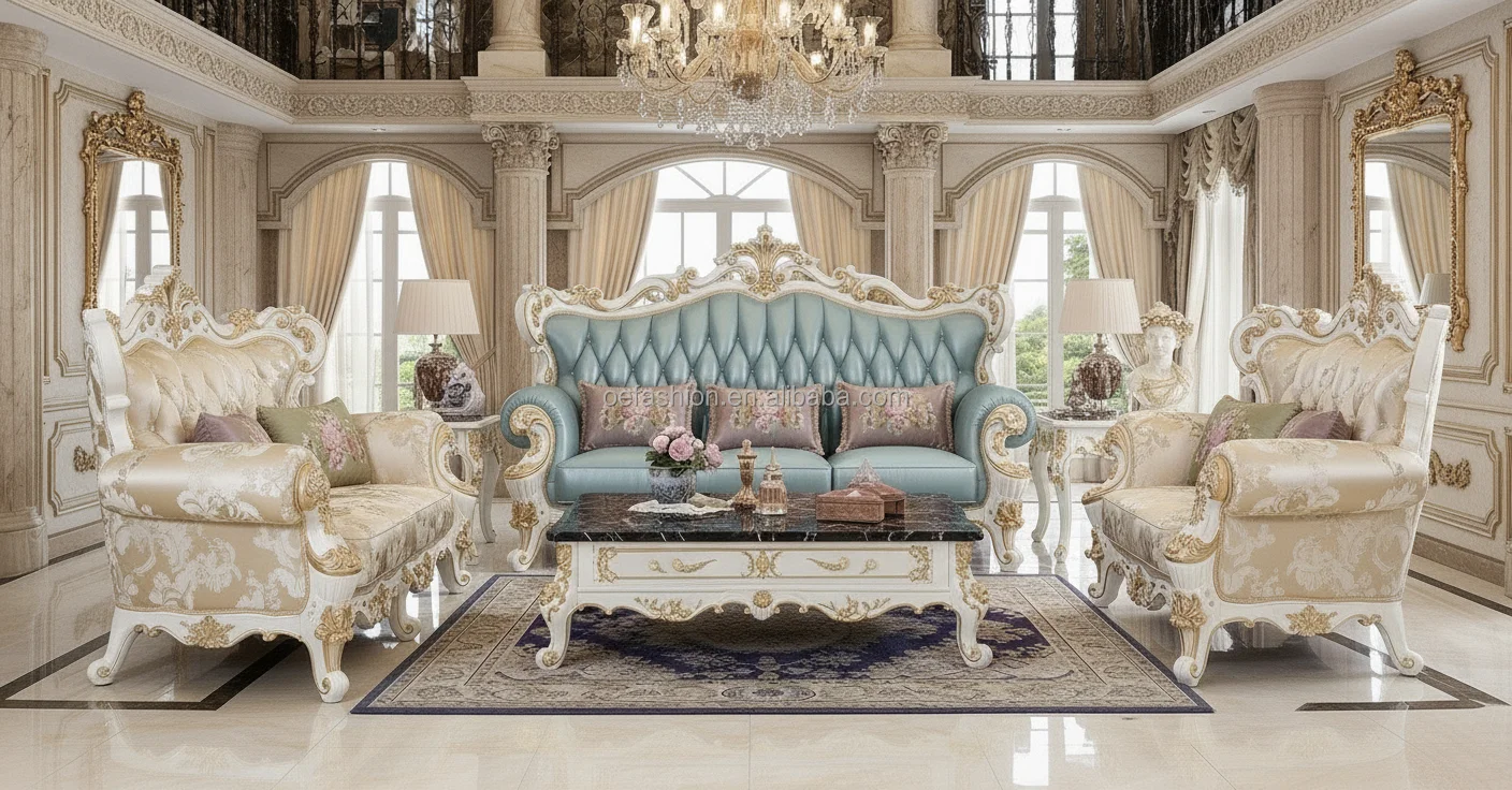 European Royal Sofa Set with Gold Carved Frame and Genuine Leather Upholstery, Elegant Living Room Furniture for Villa or Hotel