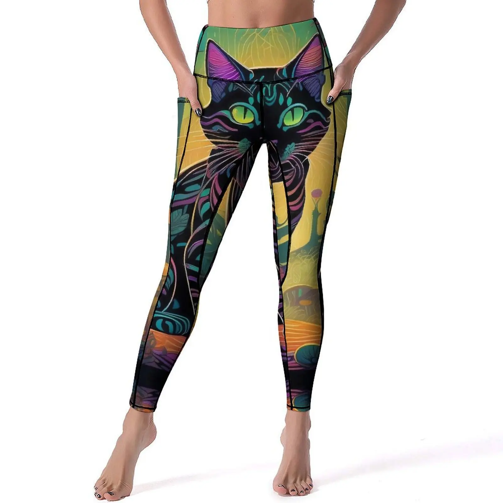 

Magic Cats in The Forest Leggings Psychadelic Print Custom Yoga Pants High Waist Workout Yoga Legging Lady Stretch Sports Tights