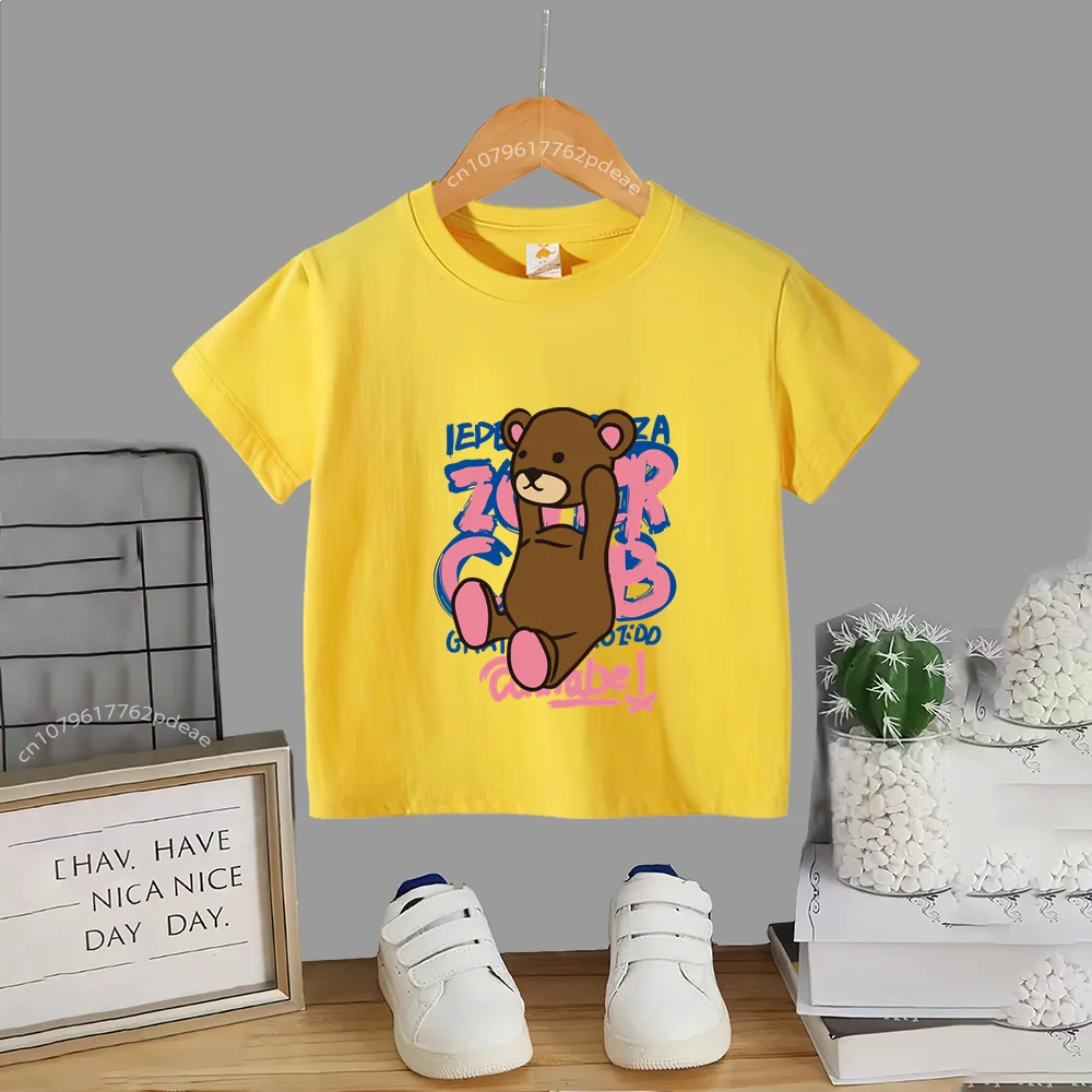 

Kids Street 100% Cotton T-shirt Boys Girls Street Bear Baby Print Cozy Top Cotton T-shirt Youth short sleeve T-shirt
