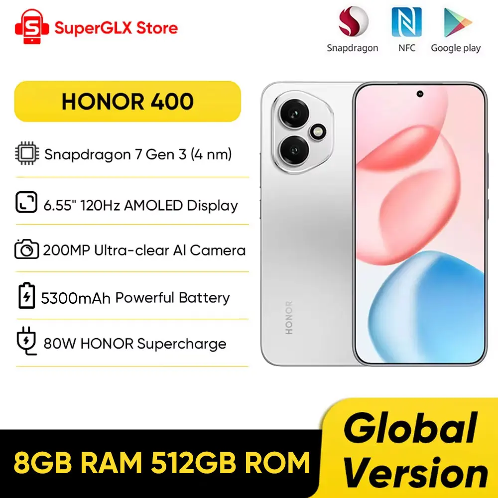 Новый смартфон HONOR 400 5G, глобальная версия, Snapdragon 7 Gen 3, 6,55-дюймовый AMOLED-дисплей, двойная камера 200 МП, 6000 мАч, 80 Вт, SuperCharge NFC
