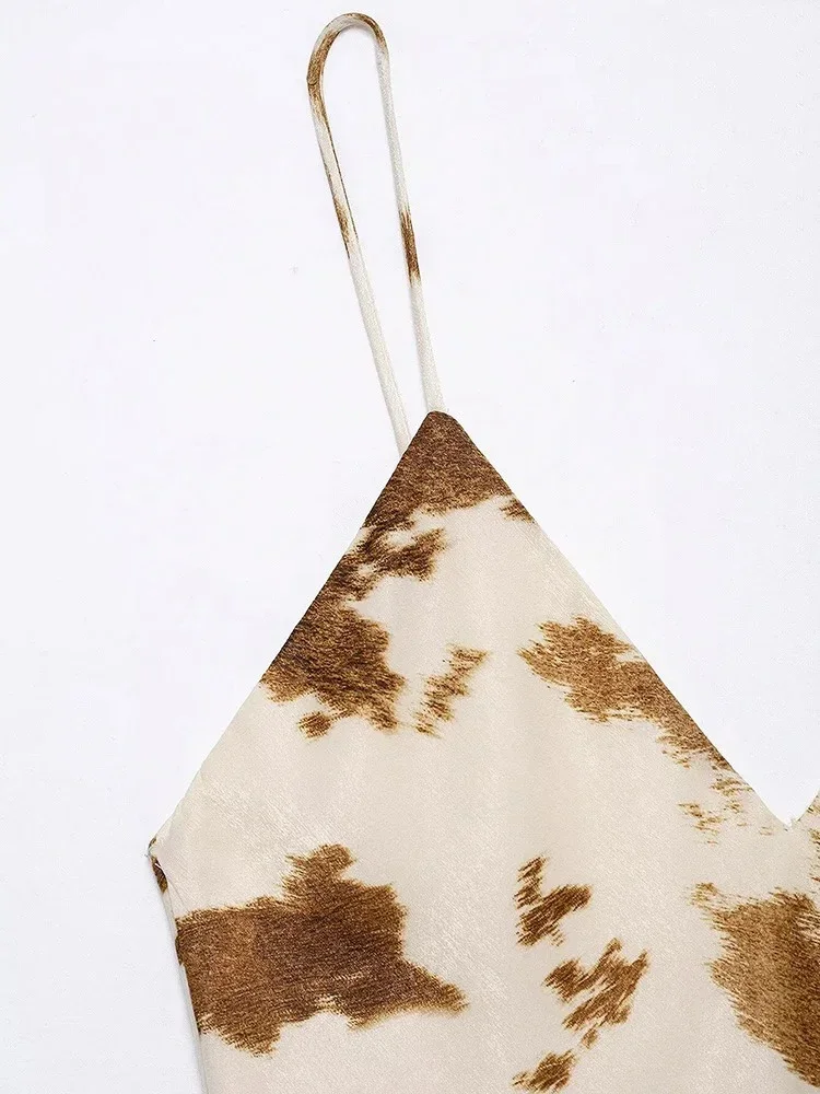 Women's Satin Texture V-Neck Mistletoe Dress Fashion Sexy Spot Printed Long Halter Dress Temperament Elegant Womenswear