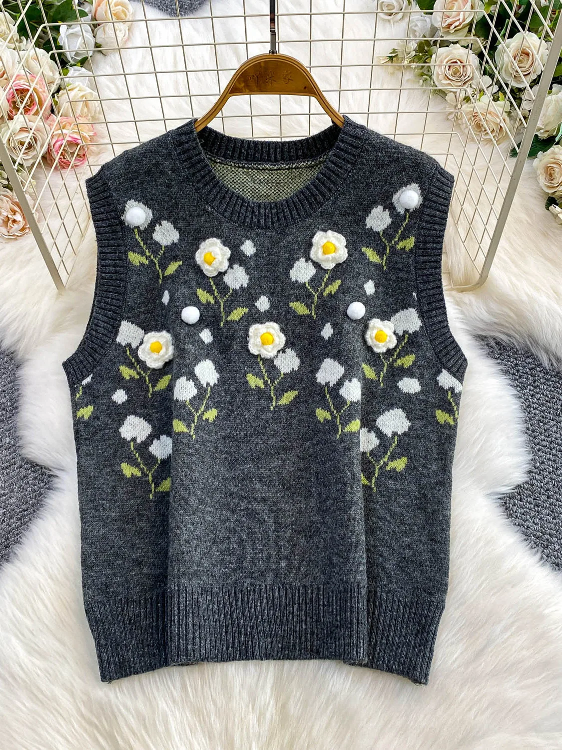 

Soft Sle Heavy Knit Floral Vest Women's Outerwear Slimming Sweater Autumn Winter Commute Faion Embroidered Plant Pattern