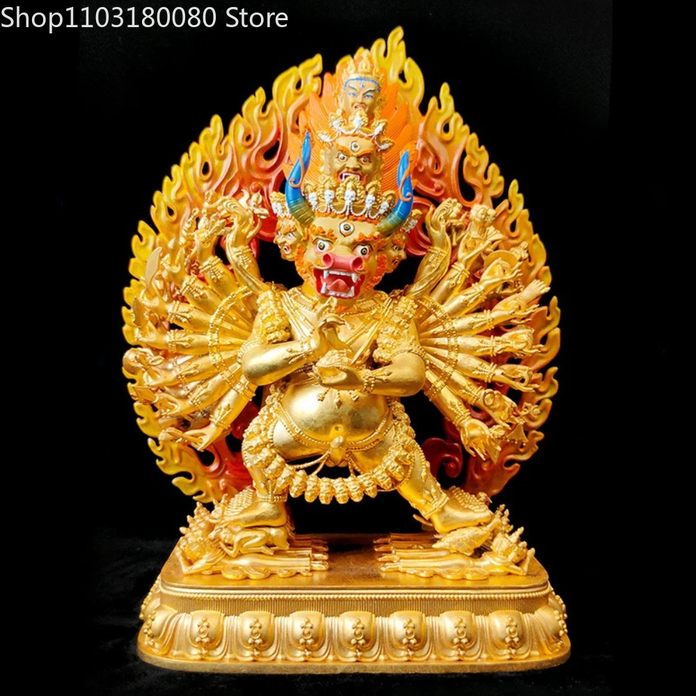 30cm Exquisite Red copper carving gilt Painting Mighty Yamantaka buddhia statue Tibet tantra sculpture decor Large size