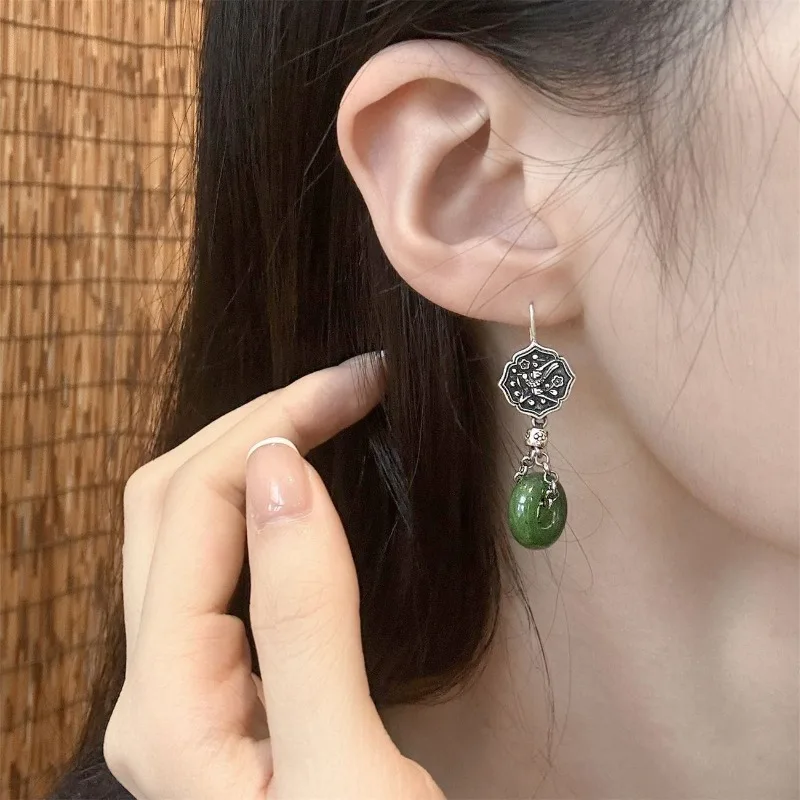 Natural Hotan Jade Green Charms Round earrings for women  925 Silver Magpie Vintage Long Earring New In Party Jewelry Gifts