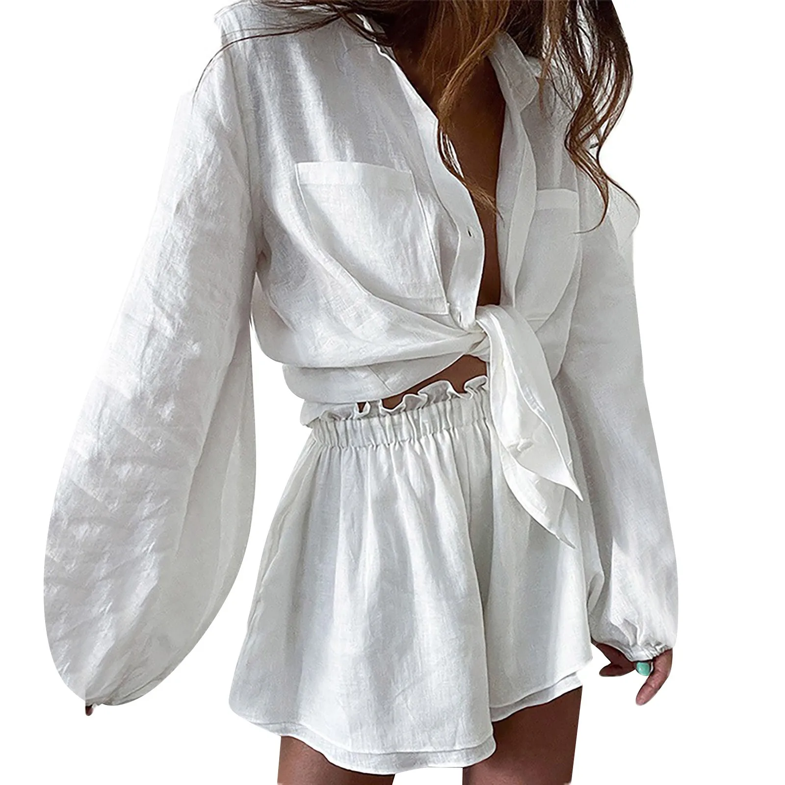 plus Size Ladies Summer Short Set Solid Color Lace Up Long Sleeve Cotton Line Shorts Fashion Casual Set Bathing Suit Cover Ups