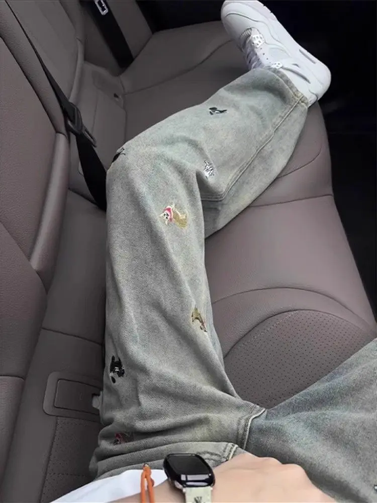

American Style Embroidered Jeans Loose Straight Leg High Street Washed Boyfriend Jeans for Men Spring Autumn Trendy Brand