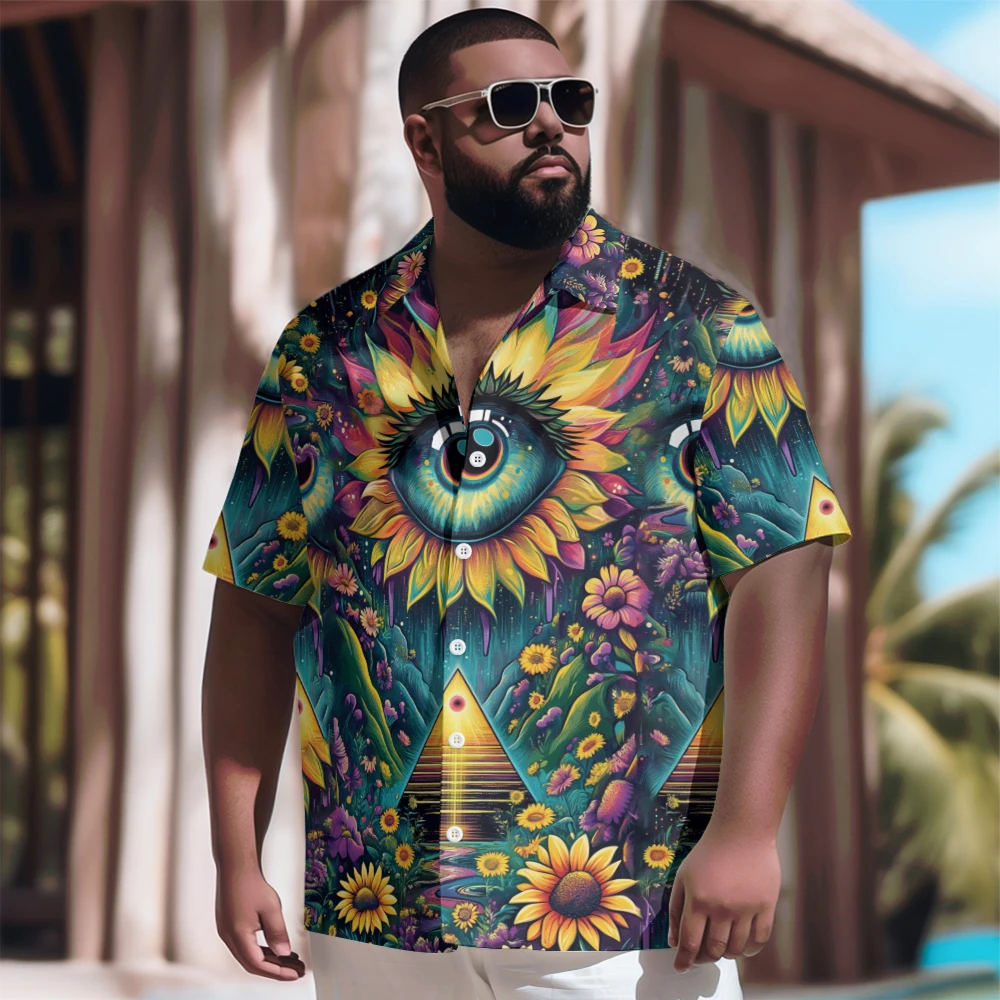 New Hawaiian Shirt Men Goth Men Sunflower Pyramid Gaze Printed Casual Short Sleeve Tops Vintage Plus Size Summer Shirts