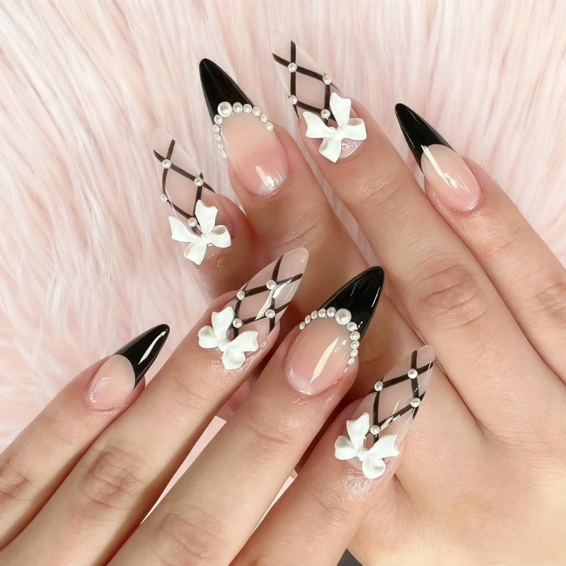 

24PCS Instagram 3D Bow False Nails Almond Black French Tip Sweet Spicy Fake Nails with Pearl Strap Design Luxury Press on Nails