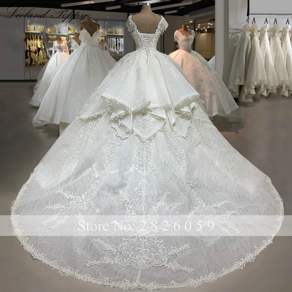 Lceland Poppy Customized Women's Ball Gown Lace Wedding Dress Cap Sleeves Floor Length Pearls Beaded Tiered Bridal Gowns