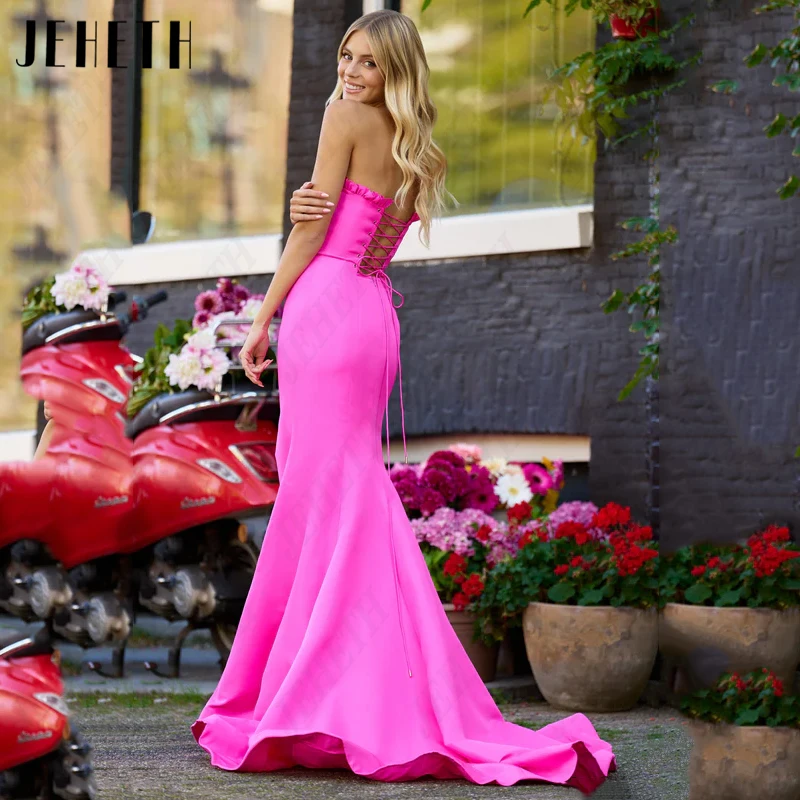 JEHETH Rose Pink Strapless Prom Dresses Women Satin Backless Pleat Evening Gown Vintage Mermaid Party Side Split Robe De Soirée