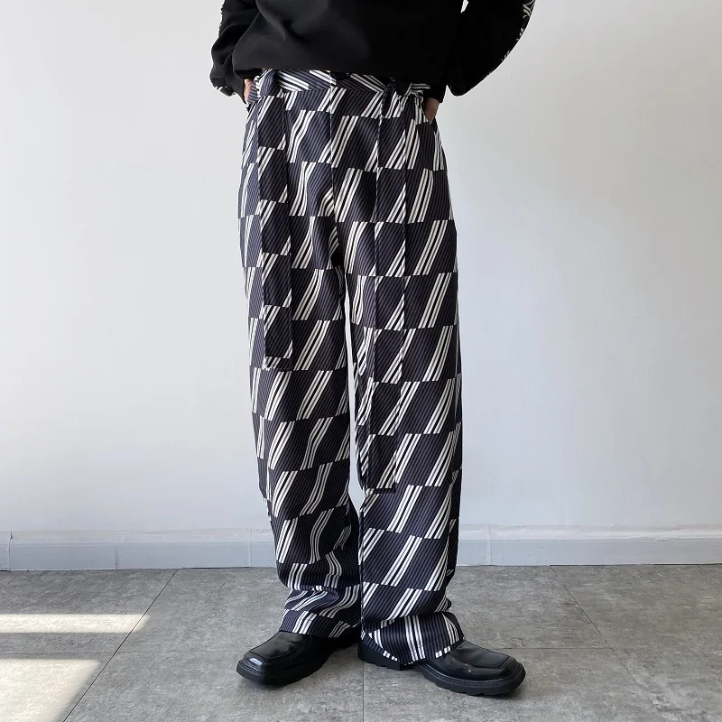 

Модные мужские брюки с геометрическим принтом, прямые, осенние, новинка, корейская версия, роскошные, широкие штанины