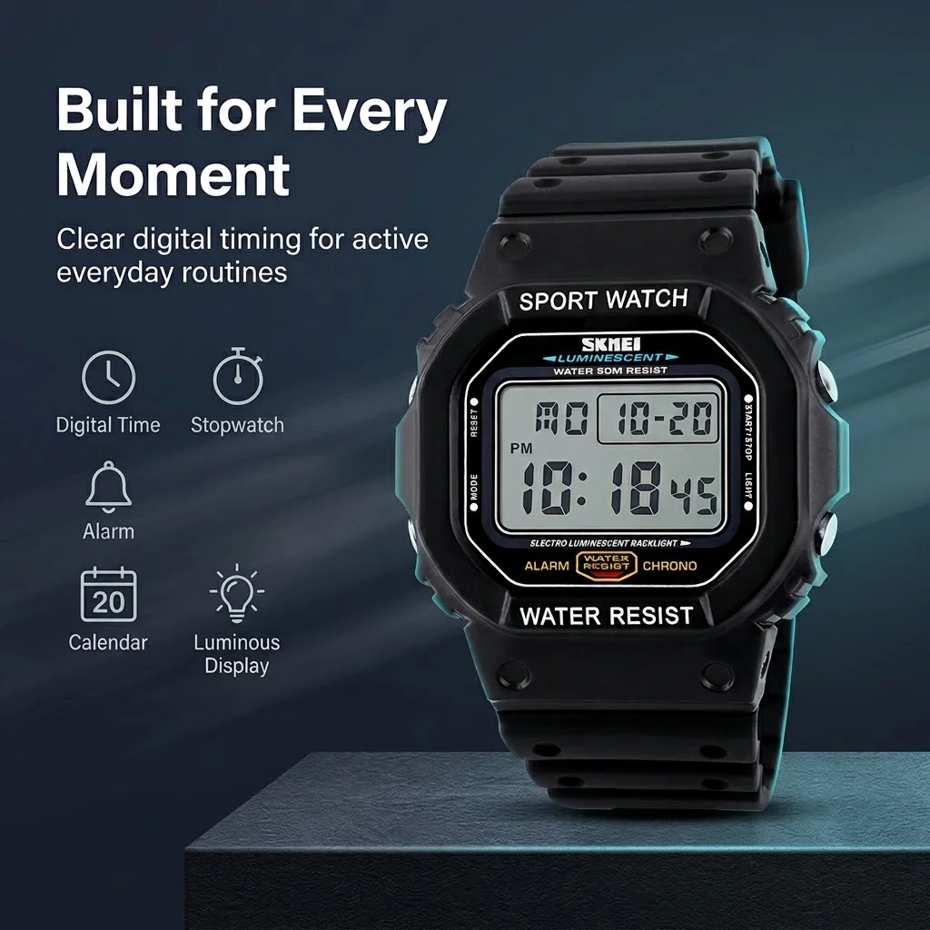 SKMEI 1134 Digital Wristwatch With Box 50M Waterproof Electric Sport Watch Alarm Luminous Stopwatch For Shower Hand & Car Clean