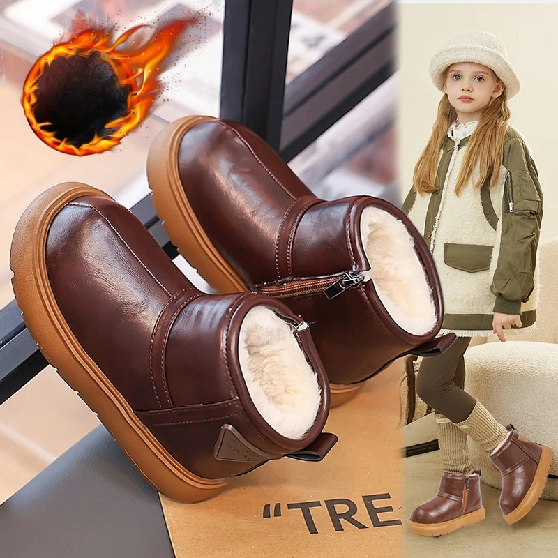 

Girls Fleece Lined Leather Snow Boots Winter Casual Commute Platform Comfortable Short Booties Tea Milk Color Kids Boots