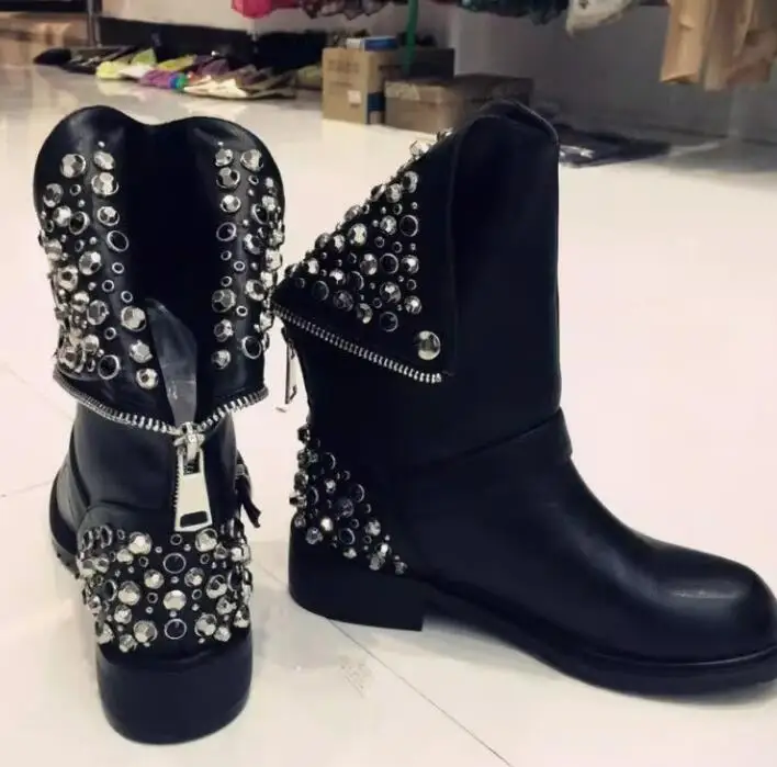 

British Style Rhinestone Rivets Studs Ankle Boots Cow Leather Collar Down Back Zipper Pointed Toe Punk Motorcycle Boots Women
