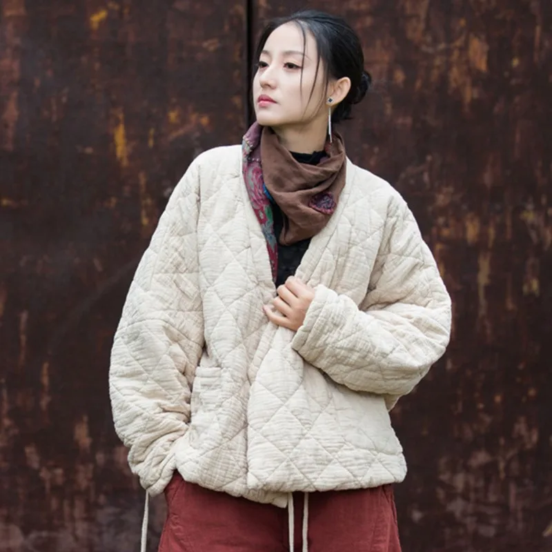 Johnature Winter Chinese Style Parkas For Women Bandage Plus Cotton Coats 2024 Long Sleeve Loose Pockets Vintage Cotton Parkas