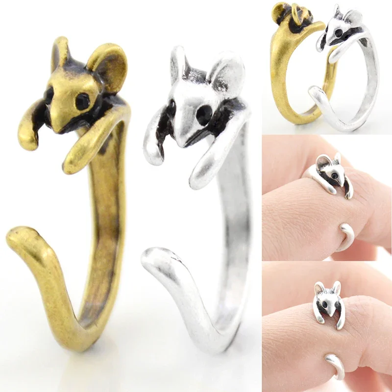 4 Style Funny Tiny Mouse & Mice & Hedgehog Rings for Women Anel Retro Punk Animal Metal Coupl Ring Men Girls Unique Child Gift