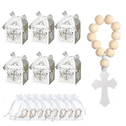 6-24PCS Wooden Rosary Wood Bulk Catholic with Crucifix Wooden Cross Pendant with White Mesh Bags Box for Baptism First Communion