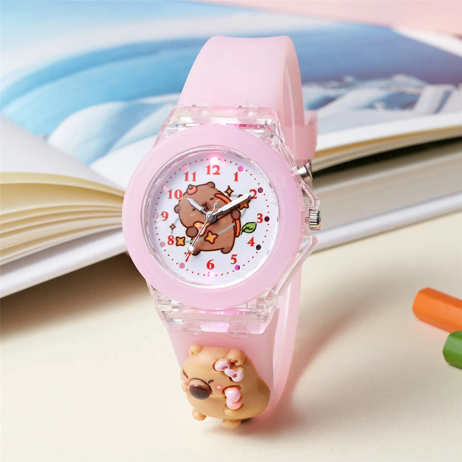 Leuchtende Kinderuhr mit blinkender Regenbogen-LED, weichem Gelee, buntem Armband, Cartoon-Tierspielzeuguhr