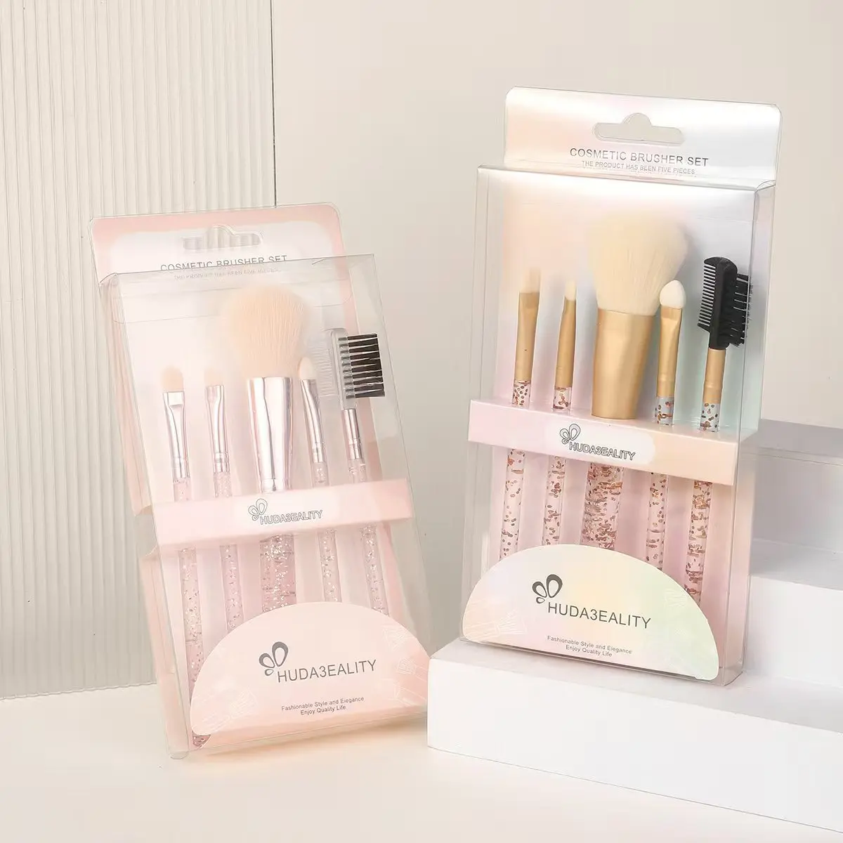 Conjunto de pincéis de maquiagem de cerdas macias, 5 peças com alças de cristal-pó portátil, sombra e pincéis de sobrancelha, kit cosmético de viagem