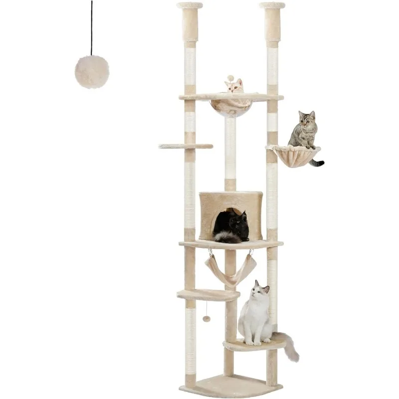 Floor to Ceiling Cat Tree 92.9’’-101.6’’ Height Adjustable Cat Tower Tall Kitty Climbing Play House with Scratching Posts