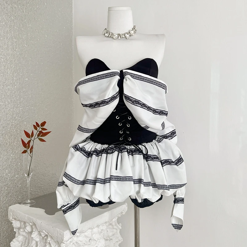 

Printed Two-piece Skirt Set Fashion Sexy off-the-shoulder Lace-up Corset Elastic High Waist Mini Bub Skirt Y2K Casual Skirt Suit