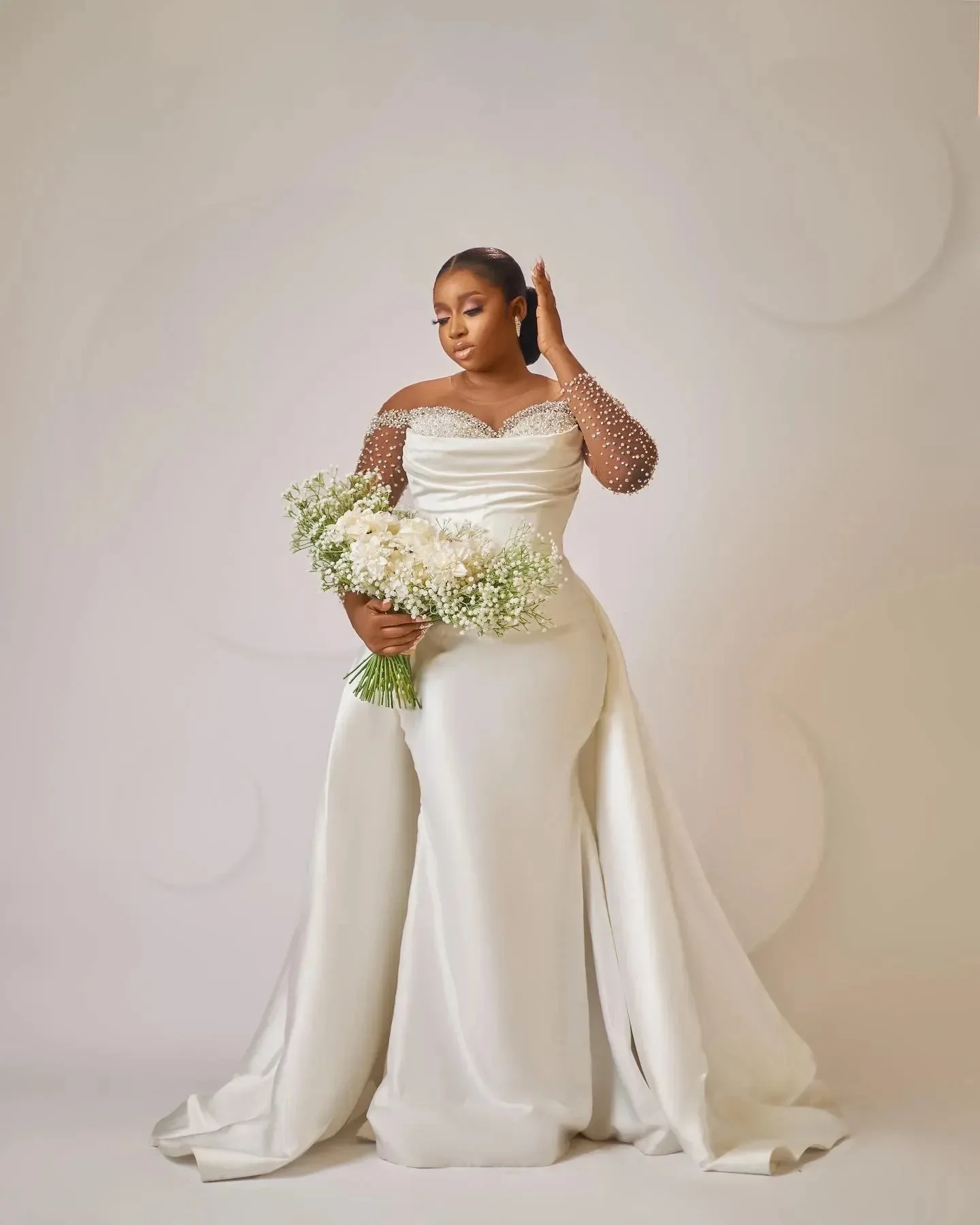 plus Size Arabic Aso Ebi Mermaid Wedding Dress Beaded Crystals Detachable Train Bridal Gown for Women