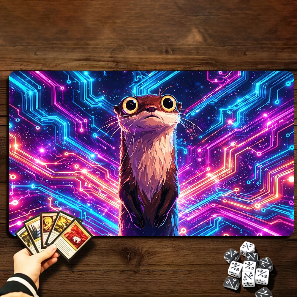 Neon Adorable Raccoon TCG Playmat Magic Playmat Gathering Gaming Mat with Stitched Edge Anti-slip base 60X35cm Trading Card Game
