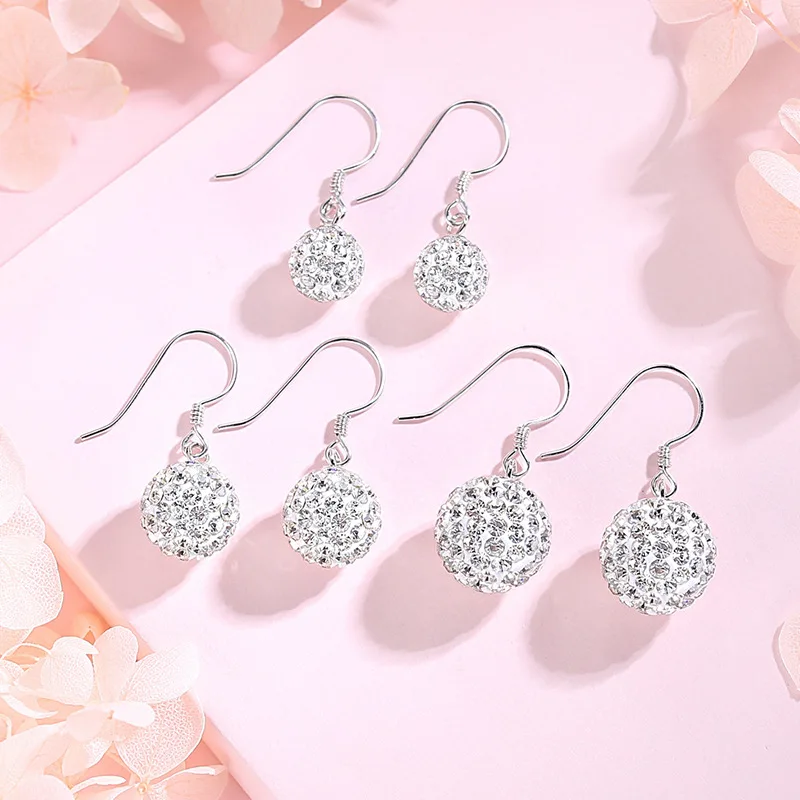 Real 925 Sterling Silver Original Jewelry Shambhala Crystals Zircon Ball Drop Earrings For Women New Fashion XY0010