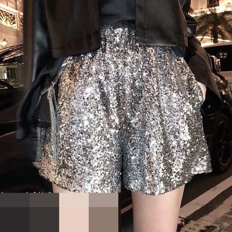 Shiny shorts for women to wear outside  spring new style. Shiny pants with high waist, slim and loose A-line wide leg, trendy