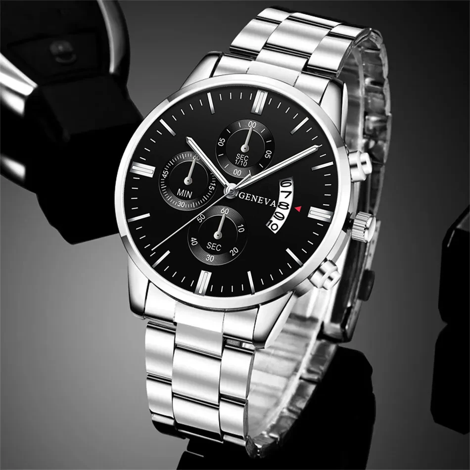 3PCS Set Fashion Mens Business Watches Men Casual Silver Bracelet Necklace Stainless Steel Quartz Wrist Watch Relogio Masculino