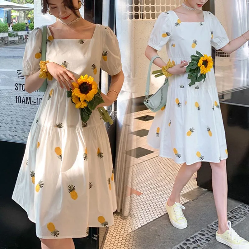 

Pregnant Women Summer Dress Petal Collar Sweet Bubble Sleeve Temperament High Waist Maternity Gown Maternity Short Sleeve Dress