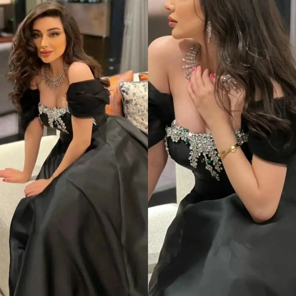 

Oisslec Prom Dresses Eleagnt Off Shoulder Empire A-line Party Dress Floor Length Sequin Short Sleeve Formal Evening Gowns 칵테일드레스