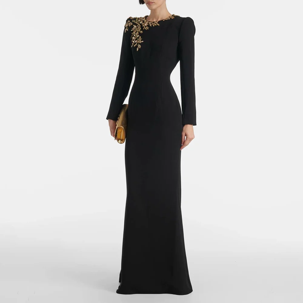 Black Evening Dress Long Sleeves Crystals O Neck Luxury Party Gowns for Women Trumpet Elegant Wedding Party Dress Customized